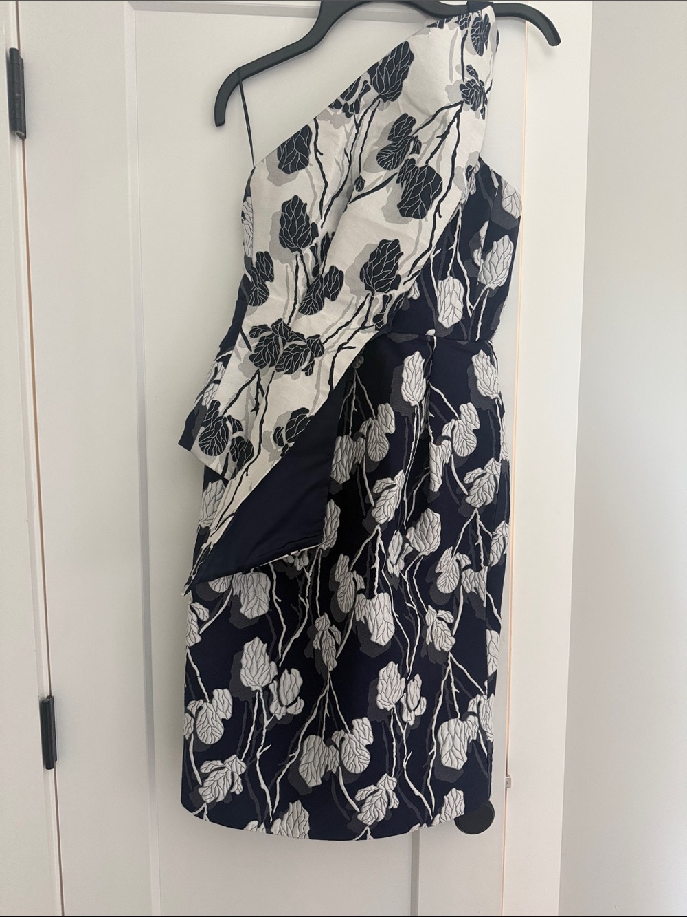 One-Shoulder Navy and White Floral Cocktail Dress